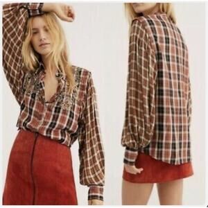 Free People Copper Snow Top Mountain Plaid Sequin Shirt Sz Small
